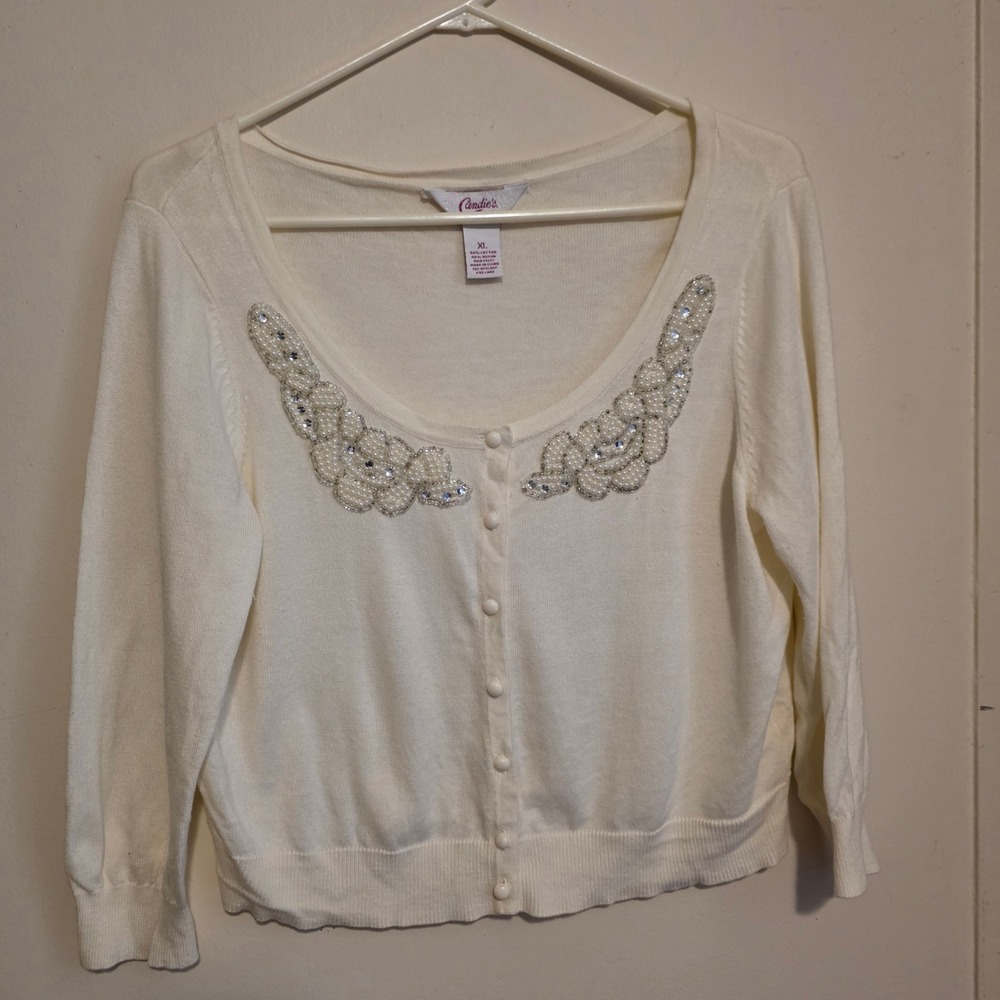 Womens Cardigan Sweater Size XL Cream Pearl Sequin Old Money Cropped